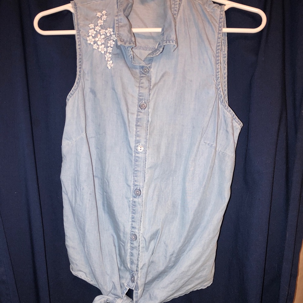 ONLY WORN ONCE! Denim tank top, ties at bottom.